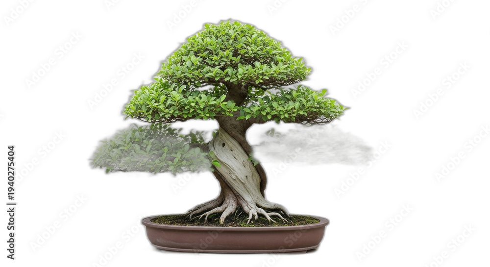 Fototapeta premium Bonsai tree in brown pot with twisted trunk and lush green leaves