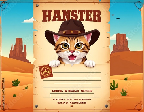 Whimsical Wanted Poster - A Cat Bandit in the Wild West.