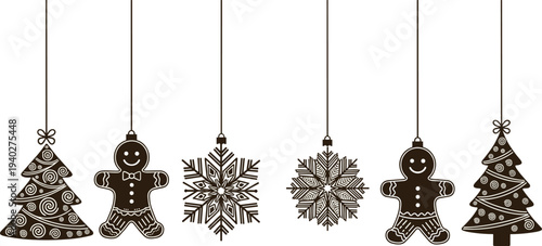 Christmas hanging ornaments collection with tree, gingerbread man and snowflake decorations, festive winter holiday illustration design set