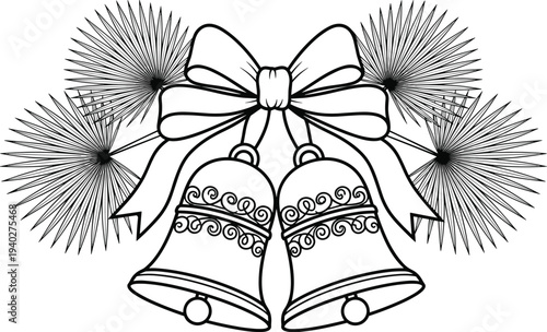 Christmas bells with ribbon bow and fireworks illustration, festive holiday decoration ornament line art for winter celebration design
