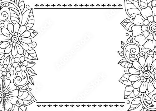 Frame in eastern tradition. Stylized with henna tattoos decorative pattern for decorating covers for book, notebook, casket, magazine, postcard and folder. Flower border in mehndi style.