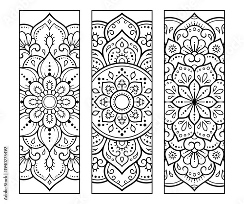Printable bookmark for book - coloring. Set of black and white labels with flower patterns, hand draw in mehndi style. Sketch of ornaments for creativity of children and adults with colored pencils.