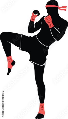 A black silhouette of a person wearing red boxing gear kicking their leg