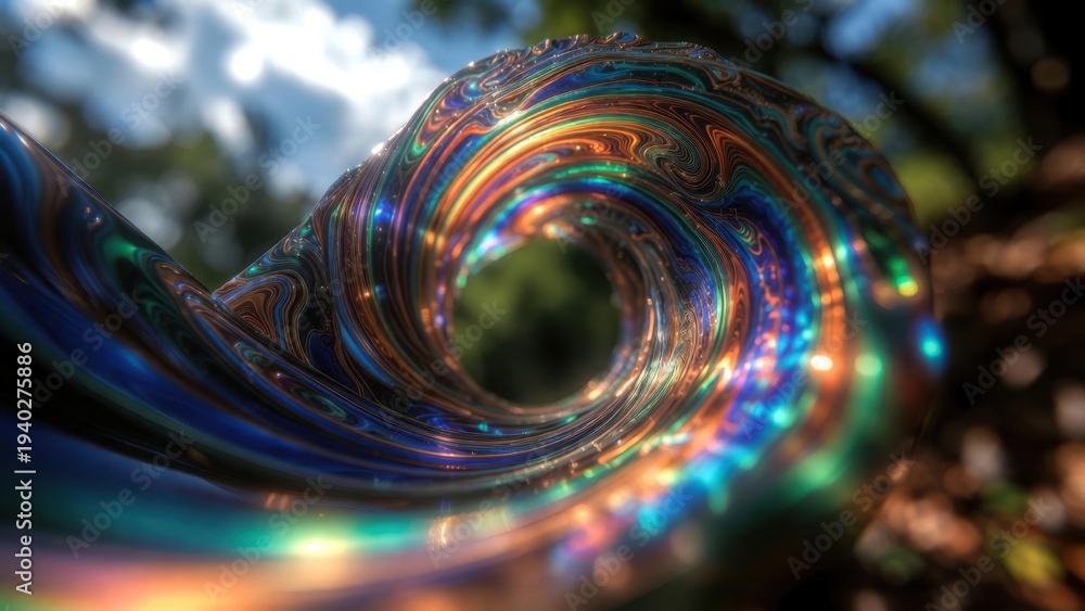 Fototapeta premium Iridescent swirl rolling across blurred outdoor background.