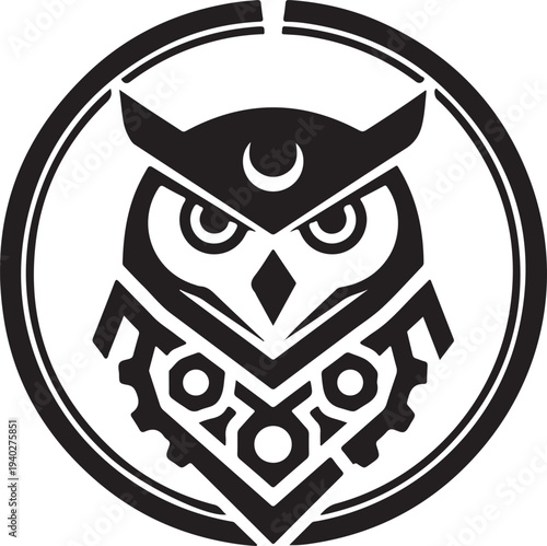 A black and white image of an owl's face with a moon on its forehead