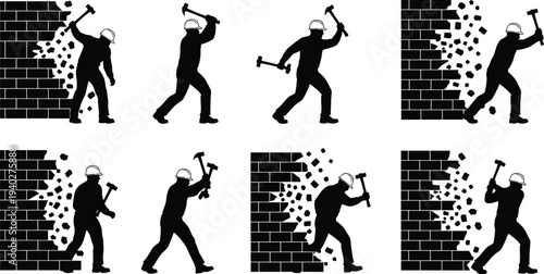 Construction worker breaking brick wall with hammer silhouette set, demolition labor concept for building renovation and construction work