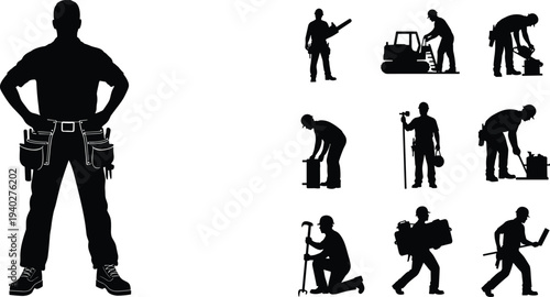construction worker silhouettes, builder tools, industrial labor set, handyman poses, engineer worker collection, repair service, building industry vector i