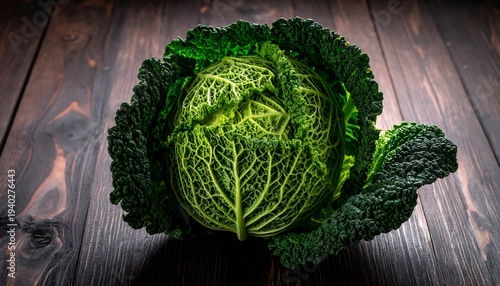Savoy Cabbage Head on Rustic Wooden Surface.