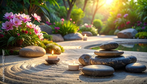 Zen Garden Serenity - A Peaceful Oasis of Rocks and Flowers.