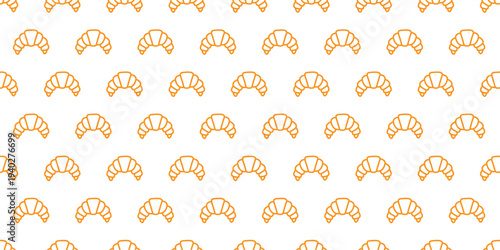 Seamless pattern of french croissant and cute flirty vintage bows Fresh pastries and coquette decorations, for menu, cafe, bakery, packaging Coquette vector background of sweet food and bows
