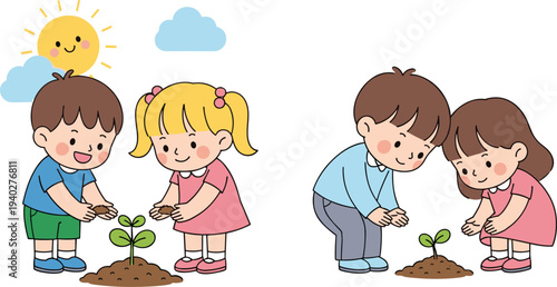 Cute children planting tree seedling cartoon illustration, kids gardening and caring for nature environmental education conceptv