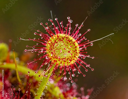 Close-up of a Sundew Plant with Droplets on Tentacles.