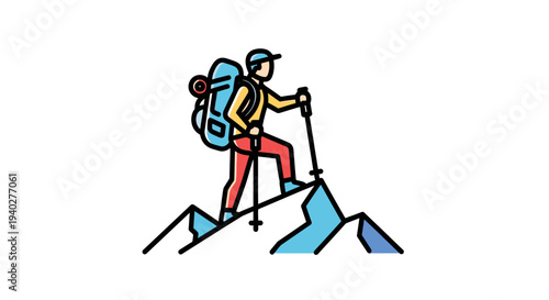 Adventurous Hiker Climbing Mountain with Backpack and Trekking Poles in a Stylized Illustration