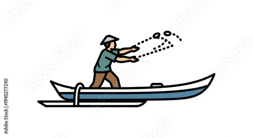 Illustration of a person fishing from a small boat, casting a line into the water with a playful and whimsical style, ideal for maritime, outdoor activity, or fishing themes