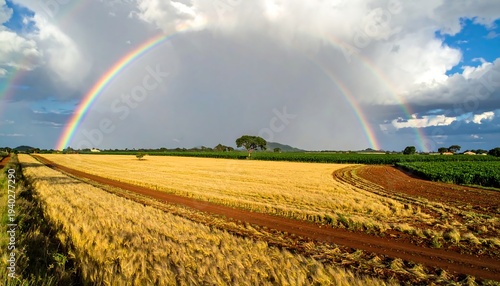 Golden Wheat Field Under a Vibrant Rainbow After the Rain.