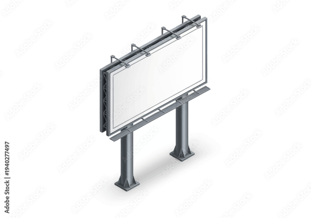 Obraz premium A large billboard stands upright on two metal poles against a plain white background viewed from a slight angle