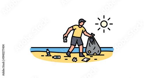 Volunteer Cleaning on Beach: Man Picking Up Trash to Promote Environmental Conservation and Marine Protection
