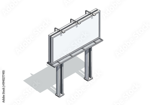 Detailed 3D illustration of a blank billboard standing on metal pillars casting a shadow on a white background