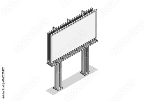 A large metal billboard stands upright on two sturdy metal pillars, viewed from an angle, in an empty environment