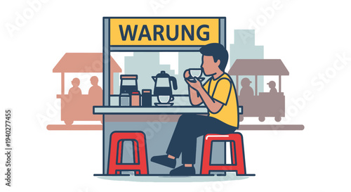 Young Man Relaxing at Food Stall with 'Warung' Sign, Enjoying a Snack in a Street Market Scene, Urban Lifestyle and Quick Bite Concept