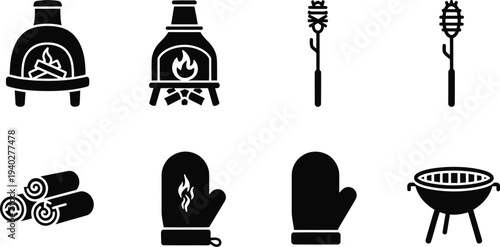 Outdoor Fireplace and Barbecue Grill Vector Icons Set for Cooking and Camping Designs