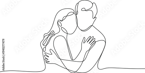 Romantic couple hugging line art drawing, minimal continuous sketch illustration of love, relationship intimacy, affection, togetherness, passion, emotional connection.