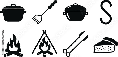 Camping cooking vector icons set with fire, pot, utensils, grill, and food silhouette illustrations