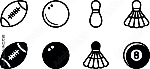 Sports equipment icons featuring balls and rackets