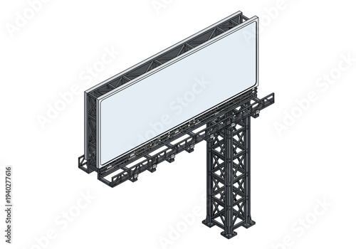 A large digital billboard on a metal scaffolding structure standing tall in an urban environment viewed from a slight angle