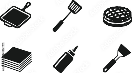 Kitchen utensils and food icons vector set in black silhouette style for restaurant design