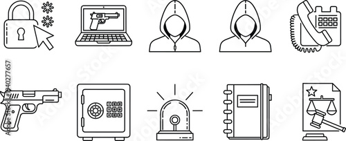 Cyber security and crime law enforcement line icons set, hacker gun safe siren legal protection vector illustration