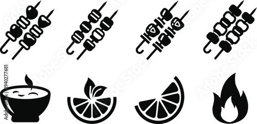 Barbecue Skewers and Food Icons Vector Set – Black Silhouette Grill Elements for Summer BBQ