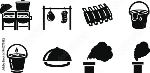 Barbecue Grill and Smoker Icons Set Vector – Black Silhouette BBQ Food Symbols Collection