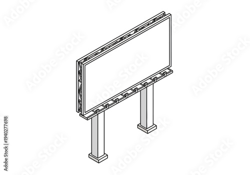 A blank billboard stands upright on two metal poles in a clear environment viewed from the side