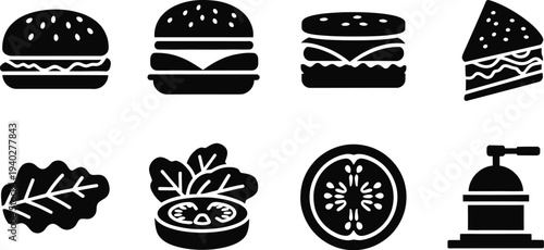 Fast Food Vector Icons Set – Burger, Sandwich, Pizza, Salad, Tomato, Leaf, Black Silhouette