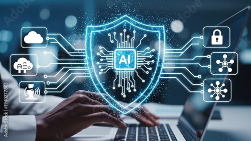 Professional utilizing a laptop computer interacts with a glowing holographic digital shield icon representing advanced artificial intelligence cybersecurity protection systems.