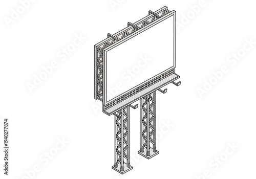Detailed technical illustration of a billboard structure on metal supports from an angled viewpoint