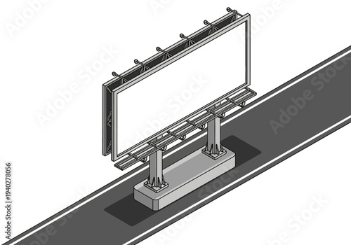 3D rendering of a blank billboard on a highway from an angled viewpoint