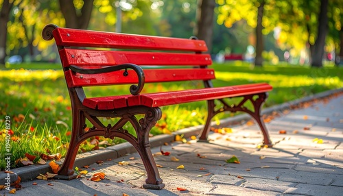 Red bench in a park on a sunny autumn day.
