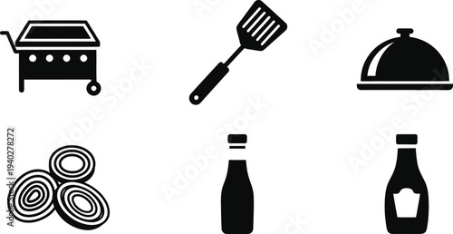 Barbecue Grill and Kitchen Utensils Vector Icons Set for Restaurant Menu Design