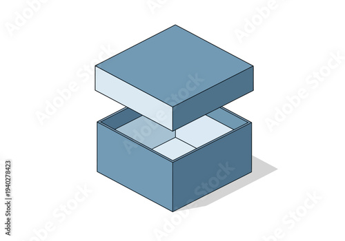 An open blue box with a partially lifted lid, viewed from above, showcasing its empty interior and slight shadow on a plain background