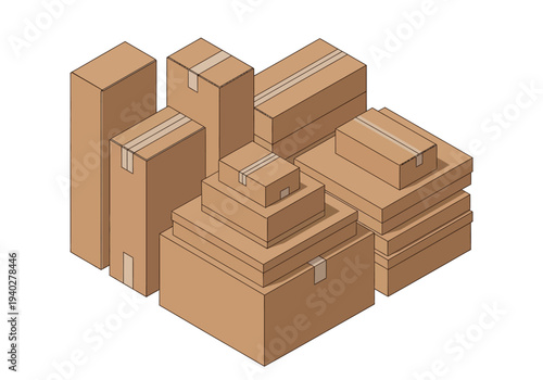 Stacked cardboard boxes in various sizes, arranged closely, viewed from an isometric perspective
