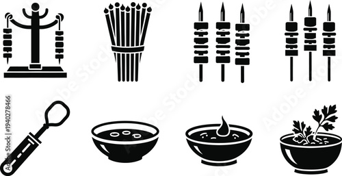 Barbecue Skewers and Sauces Vector Icons Set for Grill Menu and Food Design