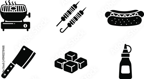 Barbecue Grill Food Icons Vector Set – BBQ, Hotdog, Skewers, Sauce, Meat, Ice Cubes