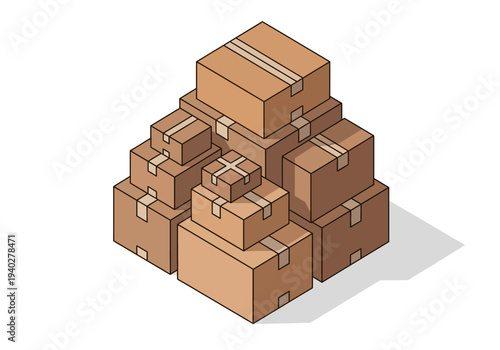 Stack of cardboard boxes arranged in a pyramid shape, viewed from a high angle, illustrating storage and packaging