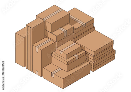 Stacked cardboard boxes arranged in a cube shape from an isometric view