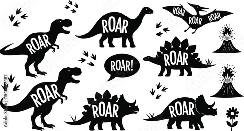 Dinosaur silhouettes collection with roar text tyrannosaurus stegosaurus triceratops pterodactyl volcano footprints prehistoric animals isolated vector illustration set
