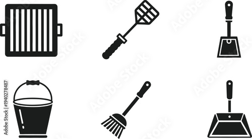 Grill and Cleaning Tools Vector Icons Set for BBQ and Kitchen Use