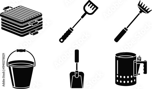 Barbecue Grill Tools Vector Set – Black Silhouette BBQ Utensils and Accessories Illustration