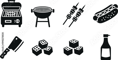 Barbecue Grill and Food Icons Vector Set for Summer BBQ Party and Restaurant Design